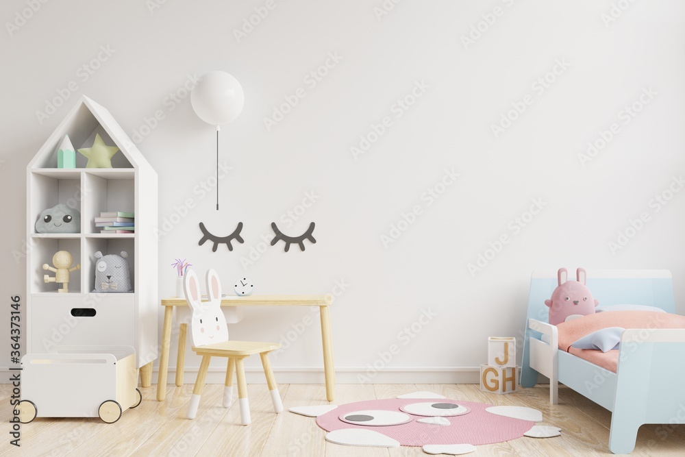 Mockup wall in the children's room on wall white colors background.