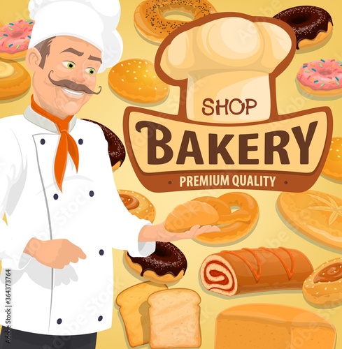 Bread and pastry, confectionery and patisserie chef vector. Bread and cakes menu, croissant and baguette, sweet buns and wheat toasts, donuts sweet rolls, baker in toque hat with bun