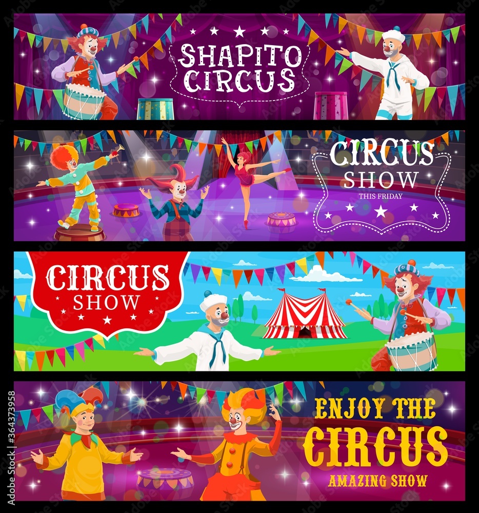 Big top tent circus banners, funfair carnival show clowns and acrobats ...