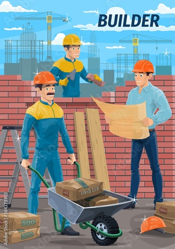 Engineer architect and builder mason at construction site, building workers at house project, vector. Engineering industry, constructor with plan, builder at construction site and mason bricklayer