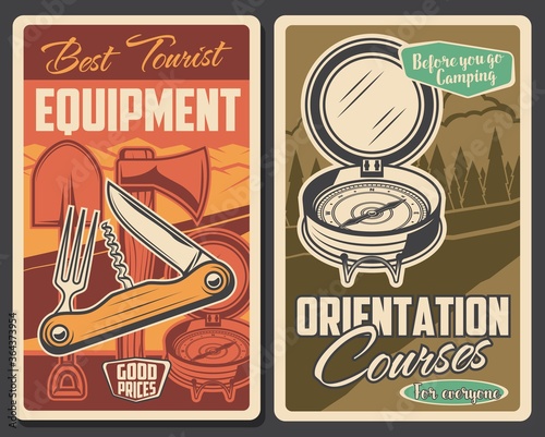 Tourism equipment, camp tent adventure and tourist, forest travel, vector trekking and hiking vintage posters. Forest camping, mountain expedition and scout school outdoor adventure equipment