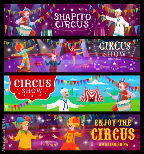 Big top tent circus banners, funfair carnival show clowns and acrobats, vector. Big top circus shapito tent marquee and arena stage with bunting flags, clowns and equilibrists in spotlight
