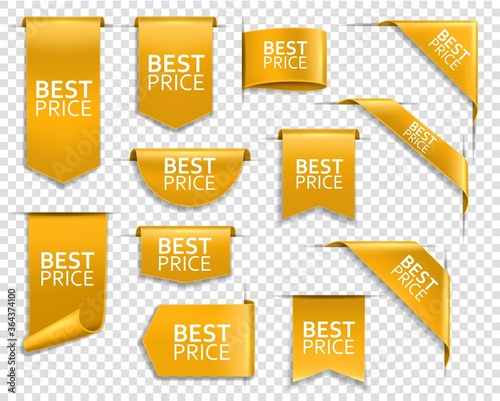 Golden banners, corners for web site, vector price ribbons, labels and tags. Best price golden banners for online shop and web store, bookmarks and tags, flags and curved ribbons for website
