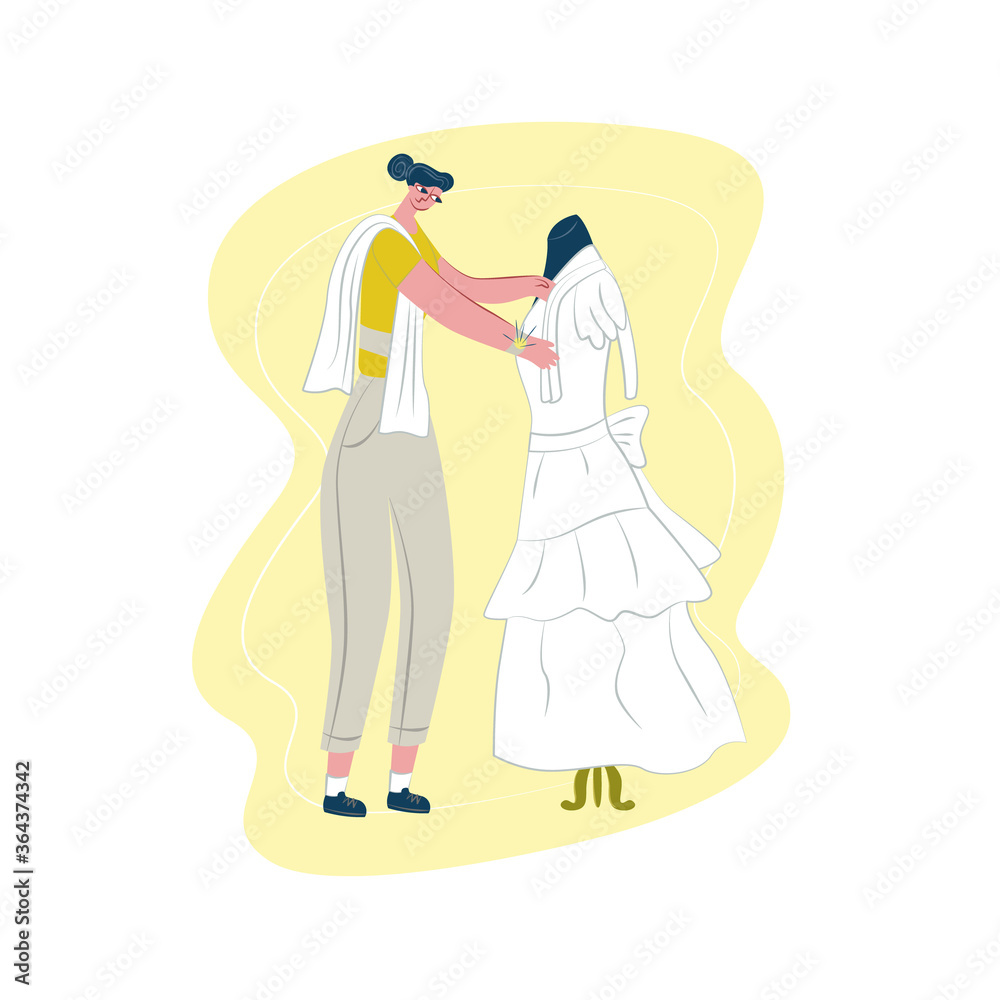 Vector flat illustration  seamstress, dressmaker who works with wedding dress. Concept ordering and sewing wedding dresses, prom dresses manually, individually, ateliers, clothing repairs.
