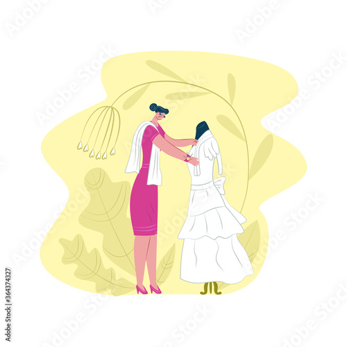 Vector flat illustration seamstress, dressmaker who works with wedding dress. Concept ordering and sewing wedding dresses, prom dresses manually, individually, ateliers, clothing repairs.