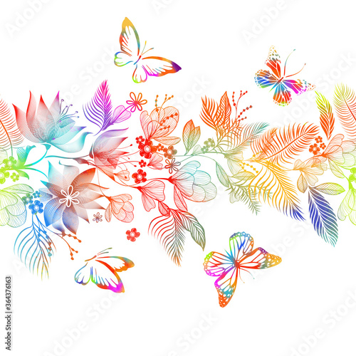 seamless floral multicolored pattern with butterflies. Mixed media. Vector illustration