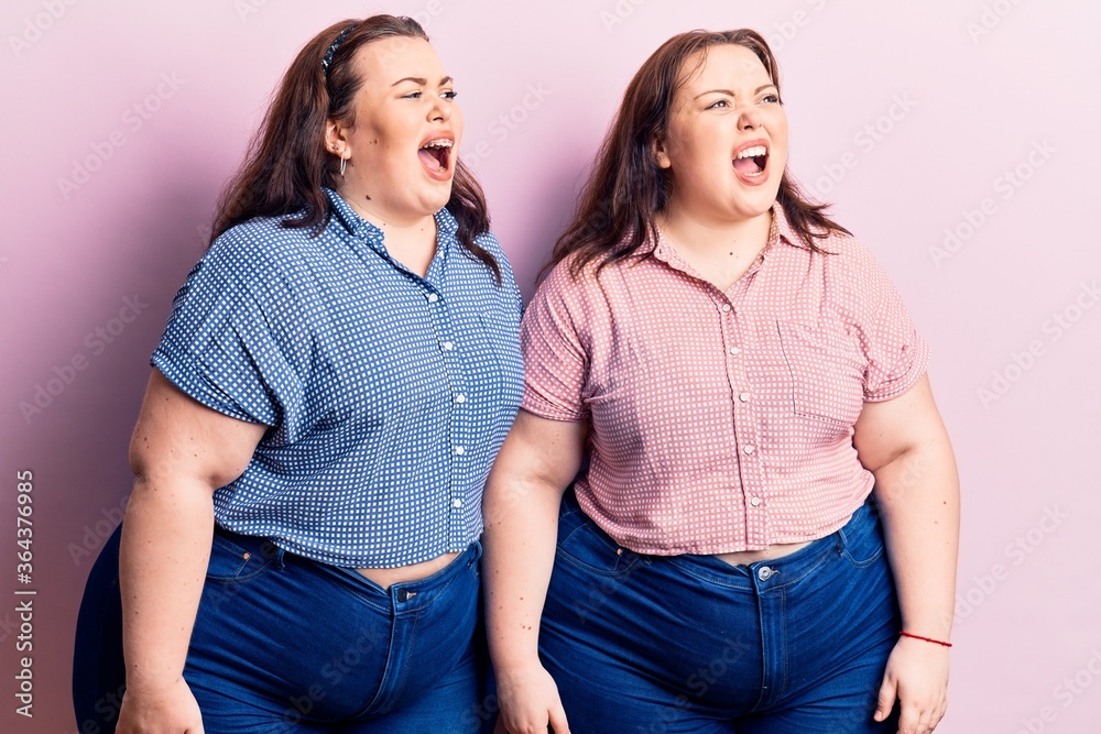Young plus size twins wearing casual clothes angry and mad screaming frustrated and furious, shouting with anger. rage and aggressive concept. Young plus size twins wearing casual clothes angry and mad screaming frustrated and furious, shouting with anger. rage and aggressive concept.