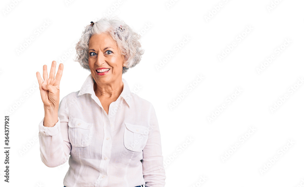 Senior grey-haired woman wearing casual clothes showing and pointing up with fingers number four while smiling confident and happy. Senior grey-haired woman wearing casual clothes showing and pointing up with fingers number four while smiling confident and happy.