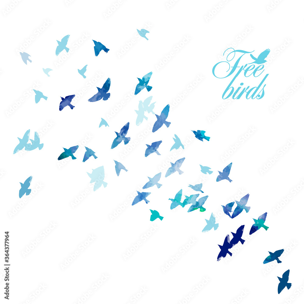 Obraz Blue swallows. Flying flock of birds. Mixed media. Free birds. Vector illustration