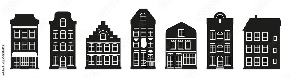 Black houses silhouette Amsterdam set. Graphic icon townhouse, european stayle. Glyph urban and suburban home cottage. Different architecture building tall town. Isolated on white vector illustration