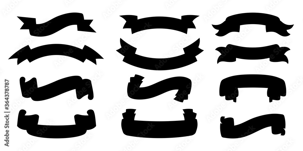 Ribbon silhouette set. Tape blank black glyph style collection, contour decorative icons. Vintage design ribbons sign. Web icon kit of text banner tapes. Isolated vector illustration Ribbon silhouette set. Tape blank black glyph style collection, contour decorative icons. Vintage design ribbons sign. Web icon kit of text banner tapes. Isolated vector illustration