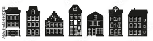 Black houses silhouette Amsterdam set. Graphic icon townhouse, european stayle. Glyph urban and suburban home cottage. Different architecture building tall town. Isolated on white vector illustration
