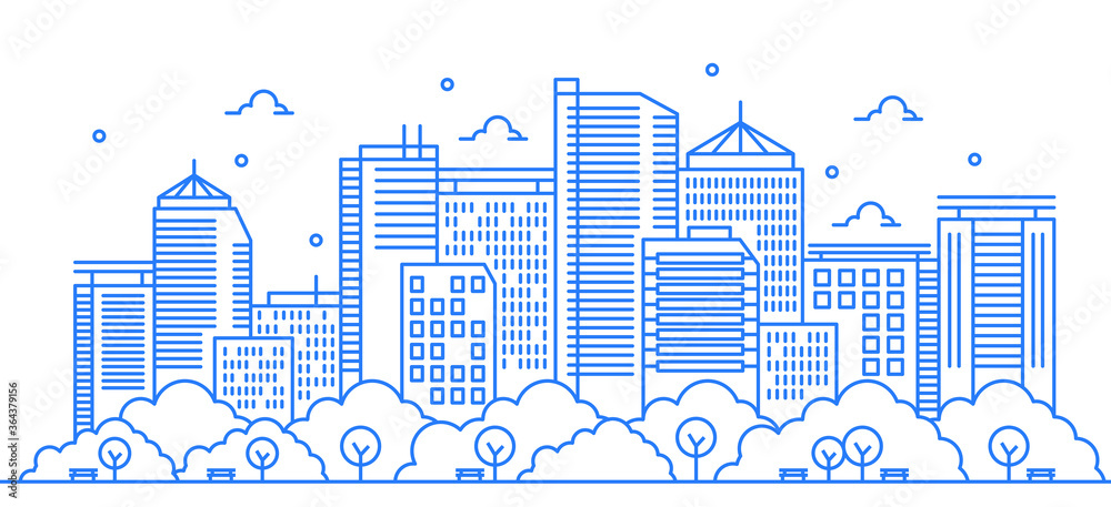 Illustration of buildings in line style with various shapes of buildings. Beautiful urban views with trees.