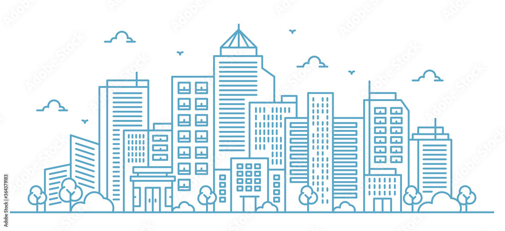 Illustration of buildings in line style with various shapes of buildings. Beautiful urban views with trees.