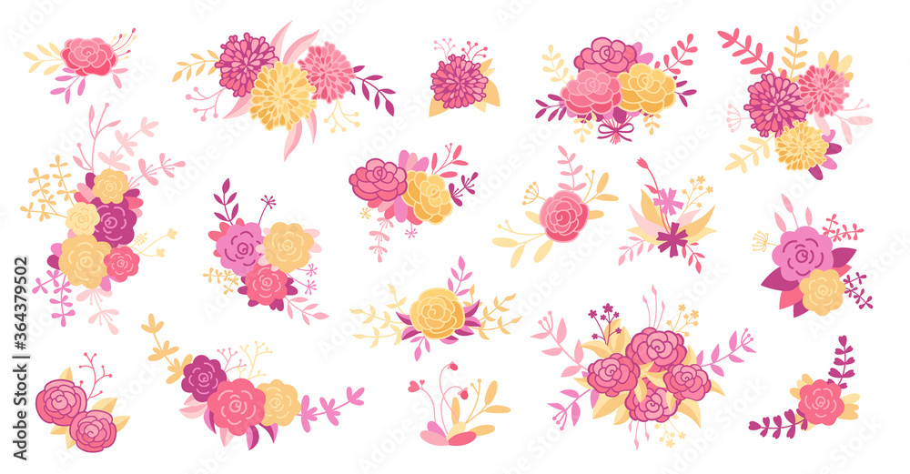 Floral branch set. Flower pink rose, leaves, branches purple. Wedding concept, vintage flowers. Abstract floral poster, invite cartoon collection. Greeting card, invitation design. Vector illustration