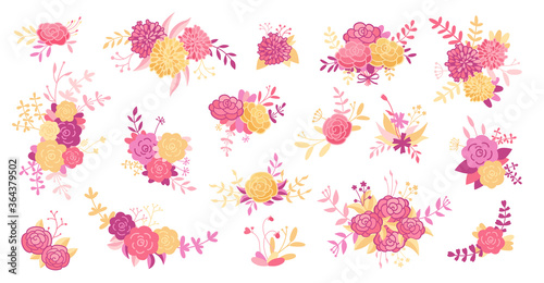 Wallpaper Mural Floral branch set. Flower pink rose, leaves, branches purple. Wedding concept, vintage flowers. Abstract floral poster, invite cartoon collection. Greeting card, invitation design. Vector illustration Torontodigital.ca