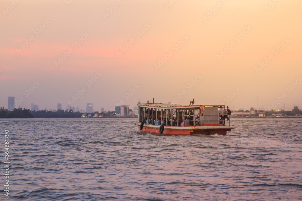 The public ferry service during across Choa Phraya River. Samut Prakan is at the mouth of the Chao Phraya River on the Gulf of Thailand.