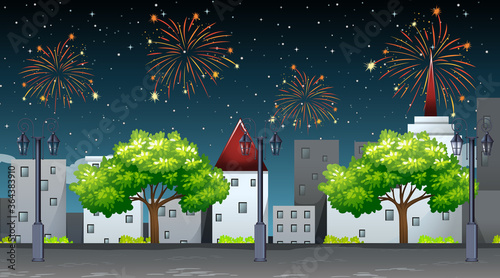 Cityscape with celebration fireworks scene