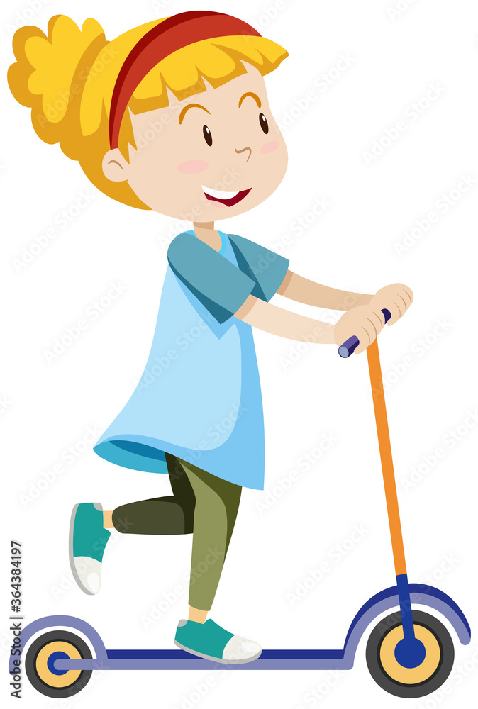 A girl riding on scooter with happy mood cartoon style isolated A girl riding on scooter with happy mood cartoon style isolated