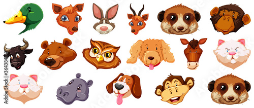 Set of different cute cartoon animals head huge isolated on white background