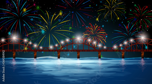 River scene with celebration fireworks