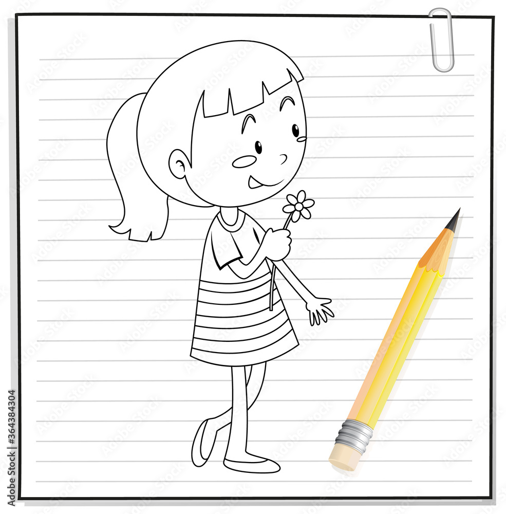 Hand writing of girl holding flower outline Hand writing of girl holding flower outline