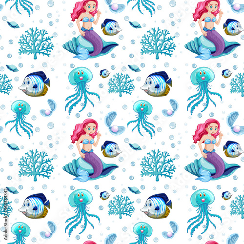Seamless sea animals and mermaid cartoon character on white background