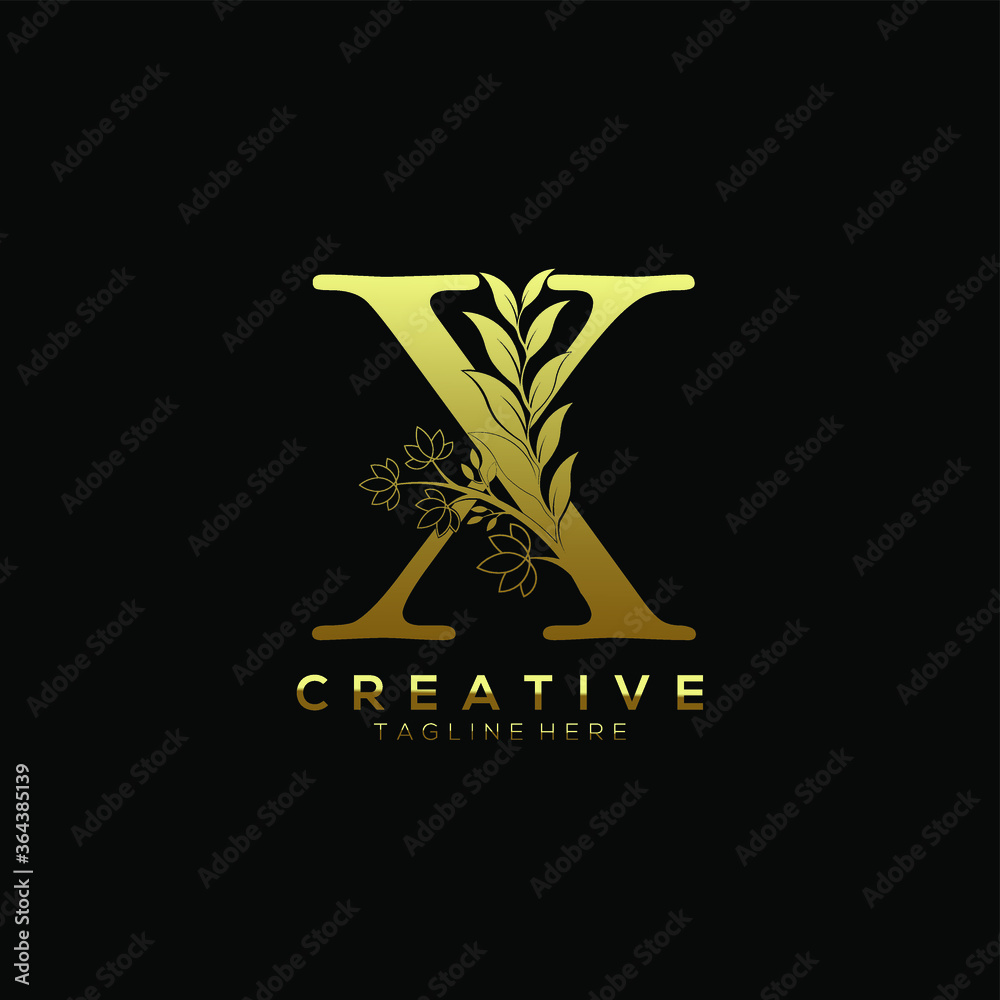 Letter X Elegant Gold  Beautiful Leaf Shape Logo Template
