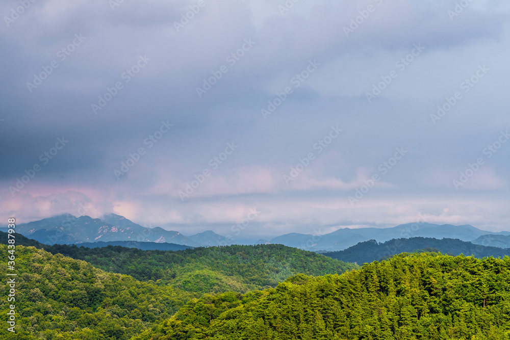 Landscape of forested mountain region with clouds over mountains