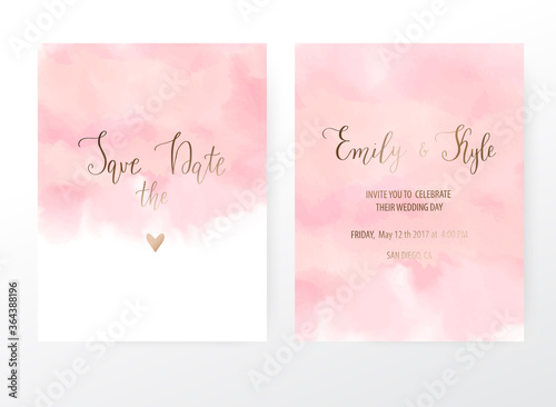 Wedding invitation cards with pink watercolor texture.