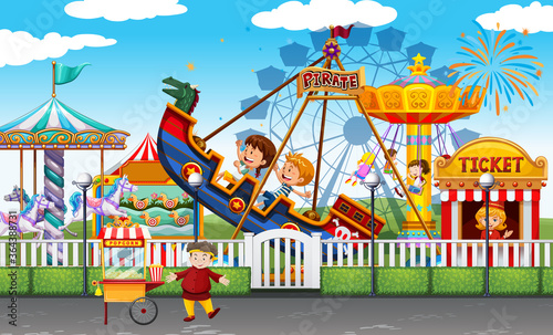 Theme park scene with many rides and happy children