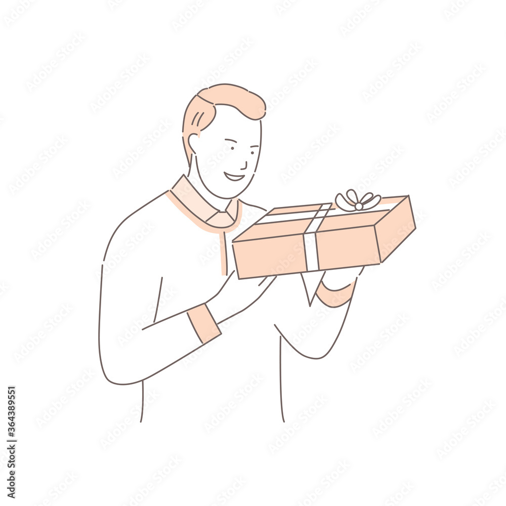 Happy smiling man holding gift box with ribbon and bow, isolated on white background. Male character with holiday surprise. Present on birthday, christmas or fathers day. Flat vector illustration