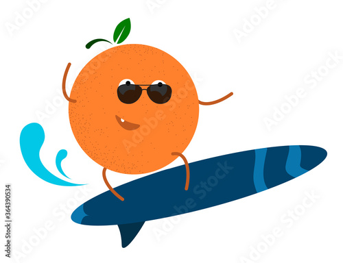 cheerful tanned orange in surfing on the waves. Active summer vacation at sea. Vector in cartoon style