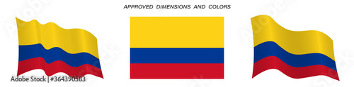 Colombia flag in static position and in motion, developing in the wind in exact colors and sizes, on a white background