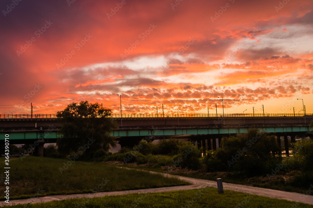 Golden sunset over a rural area park