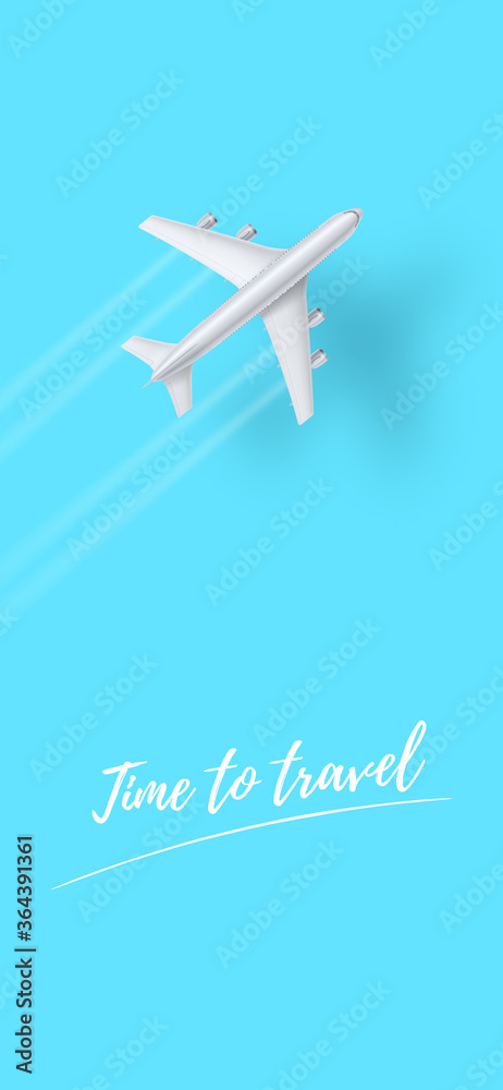 Silver plane is flying on clear blue sky. Time to travel. Vector template for smartphone X sizes. Phone UI.