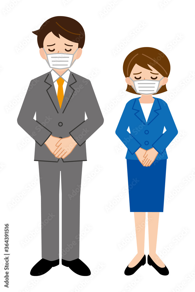 マスクをしてお辞儀をするビジネススーツを着た男女のイラスト/白背景