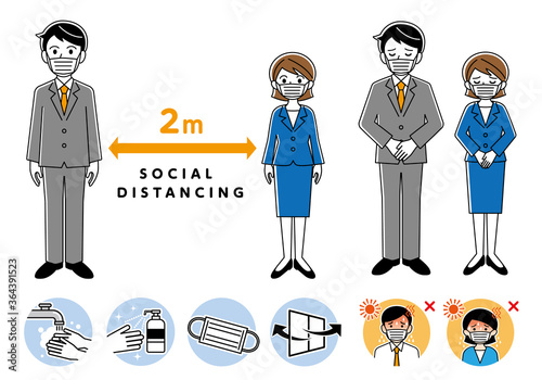 コロナウイルス対策人物イラストアイコンセット/白背景
