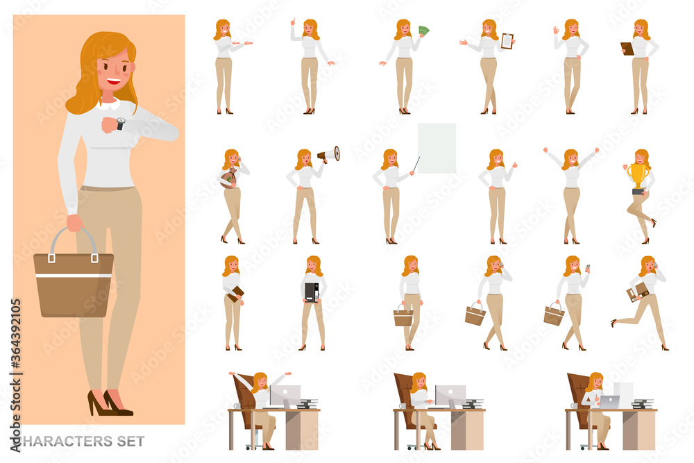 Fototapeta premium Set of business Woman character vector design. Girl working in office. Presentation in various action with emotions, running, standing and walking.