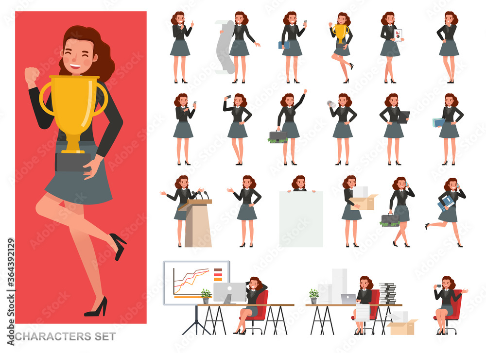 Set of business Woman character vector design. Girl working in office. Presentation in various action with emotions, running, standing and walking.
