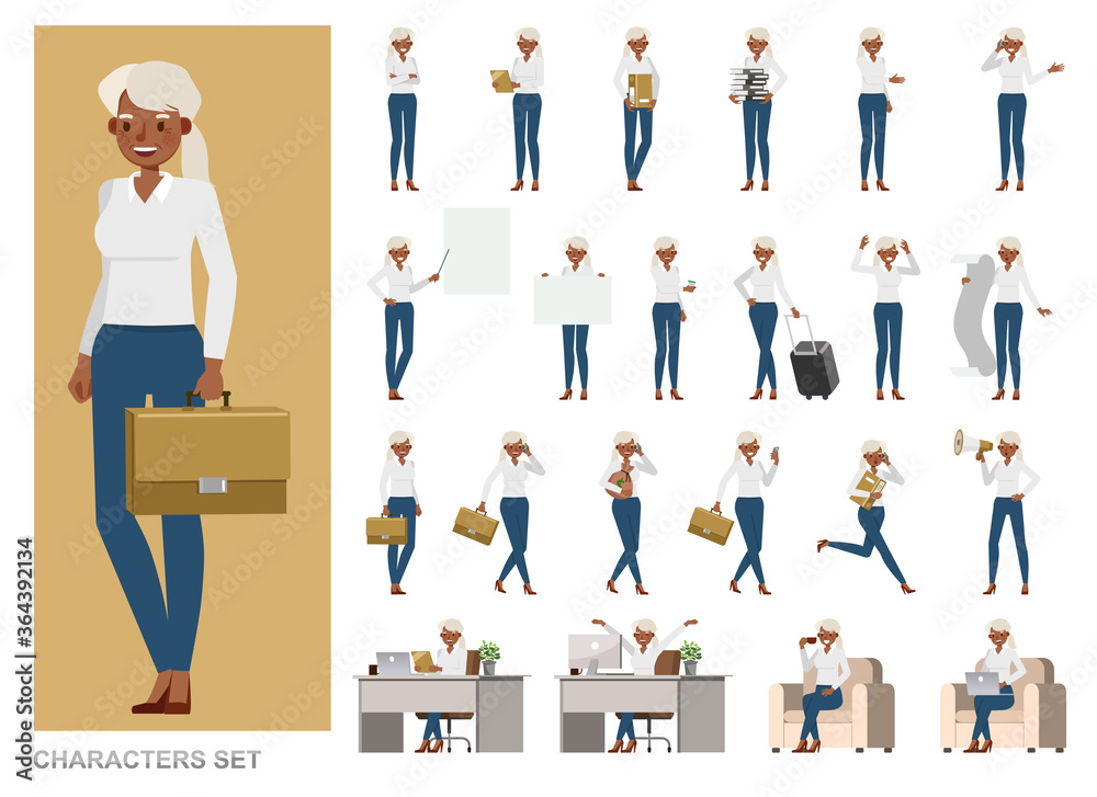 Set of business Woman character vector design. Girl working in office. Presentation in various action with emotions, running, standing and walking. Set of business Woman character vector design. Girl working in office. Presentation in various action with emotions, running, standing and walking.