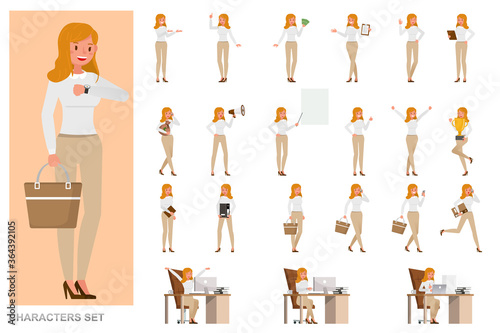 Set of business Woman character vector design. Girl working in office. Presentation in various action with emotions, running, standing and walking.