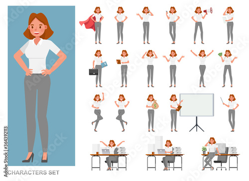 Set of business Woman character vector design. Girl working in office. Presentation in various action with emotions, running, standing and walking.