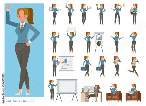 Set of business Woman character vector design. Girl working in office. Presentation in various action with emotions, running, standing and walking.