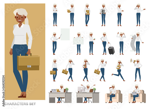 Set of business Woman character vector design. Girl working in office. Presentation in various action with emotions, running, standing and walking.