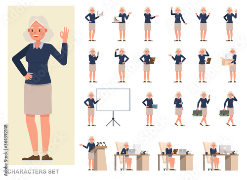 Set of business Woman character vector design. Girl working in office. Presentation in various action with emotions, running, standing and walking.