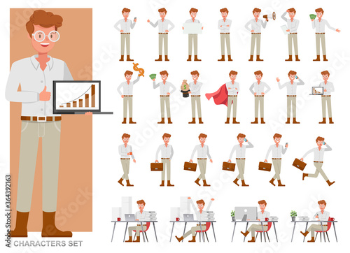 Set of businessman character vector design. Presentation in various action with emotions, running, standing and walking. People working in office planning, thinking and economic analysis.