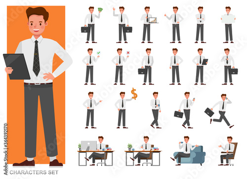 Set of businessman character vector design. Presentation in various action with emotions, running, standing and walking. People working in office planning, thinking and economic analysis.