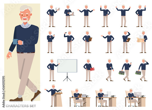 Set of businessman character vector design. Presentation in various action with emotions, running, standing and walking. People working in office planning, thinking and economic analysis.