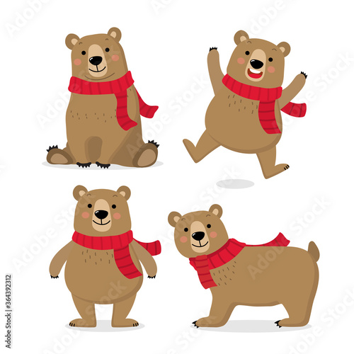 Cute big brown bear wear red scarf in winter season. Animal wildlife cartoon character. -Vector